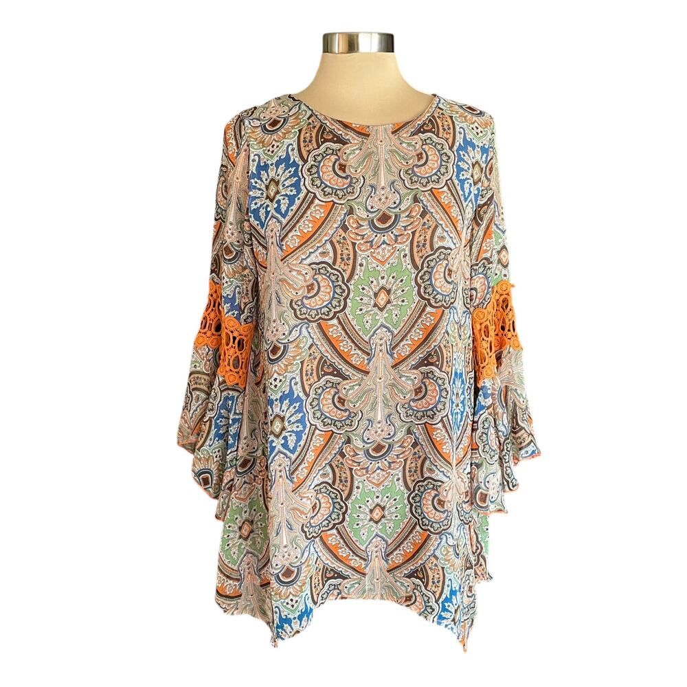 Lady Noiz Multicolor Moroccan Print Asymmetric Hem Tunic Bell Sleeve MED Boho